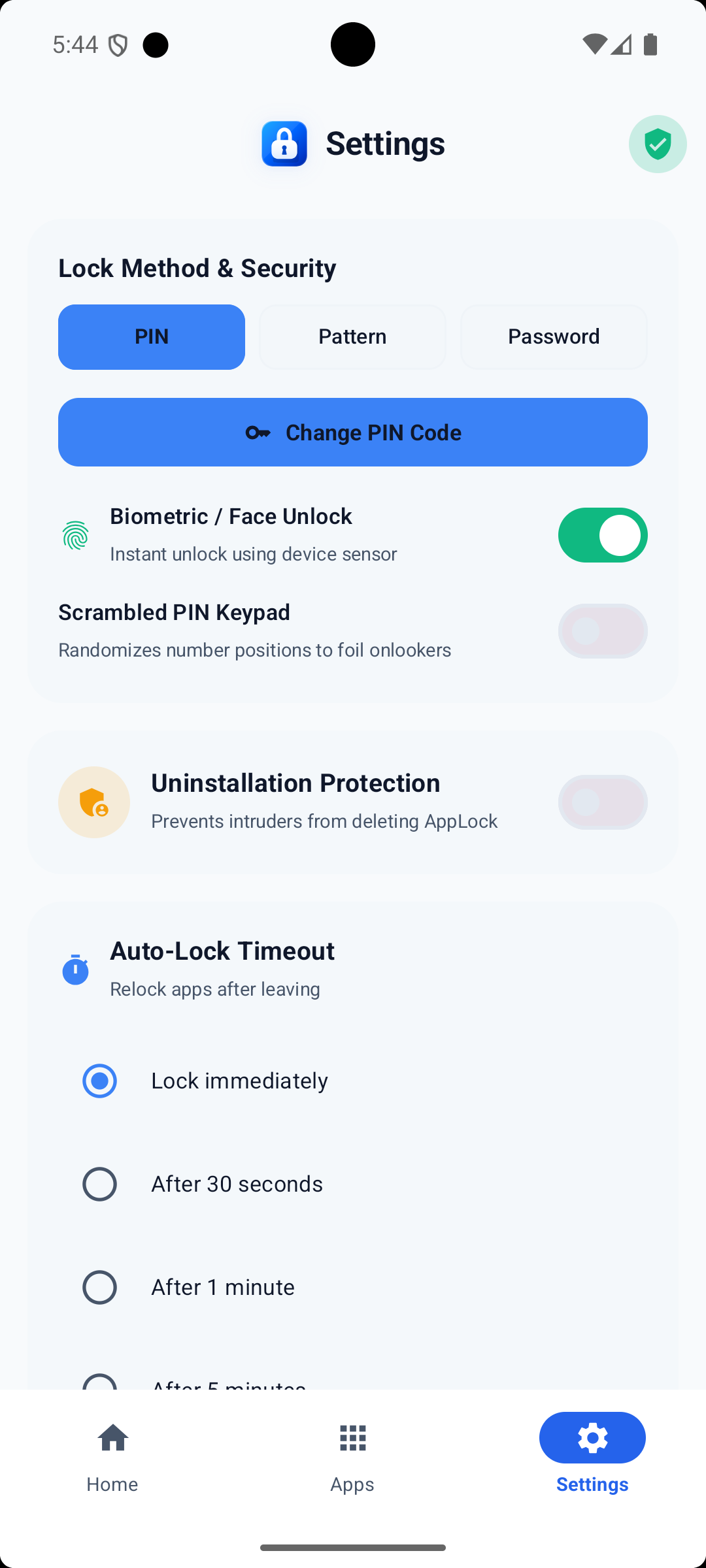 App Lock free offline settings with PIN and fingerprint options